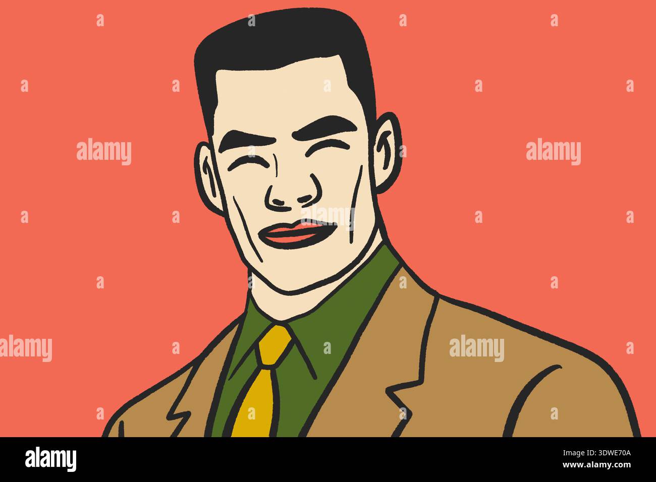 Illustration numérique d'un personnage masculin souriant dans un costume, conçu dans un style minimaliste. Le portrait présente des lignes vives et des couleurs plates contre un Banque D'Images