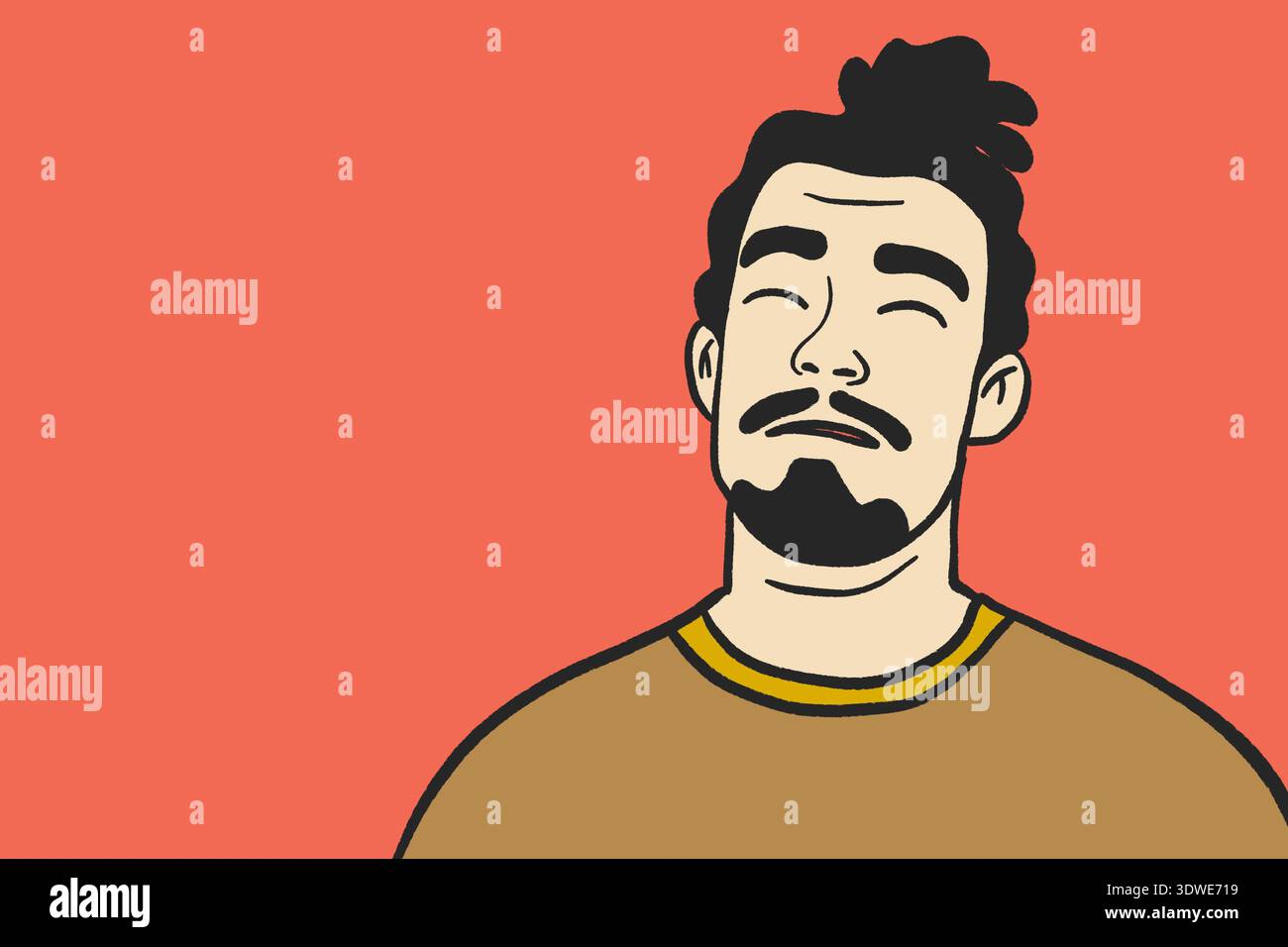 Une illustration numérique moderne d'un homme avec une expression joyeuse, utilisant des couleurs minimales plates et des lignes audacieuses. Le graphisme, placé contre un bac corail chaud Banque D'Images