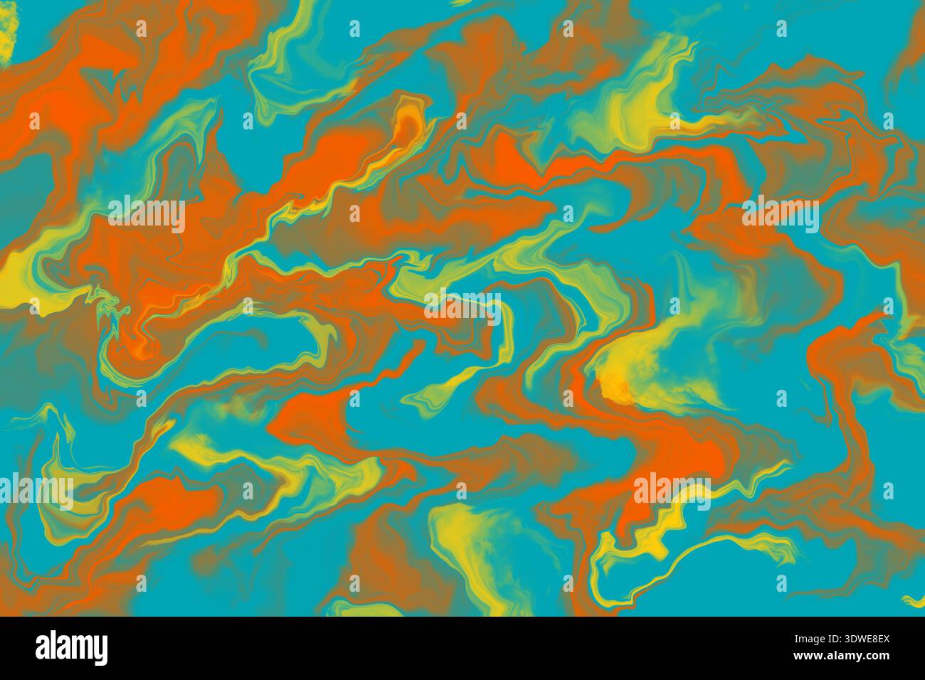 Un fond abstrait vibrant avec des tourbillons de peinture acrylique turquoise, orange et jaune. Idéal pour les impressions de vêtements et le projet de design créatif Banque D'Images