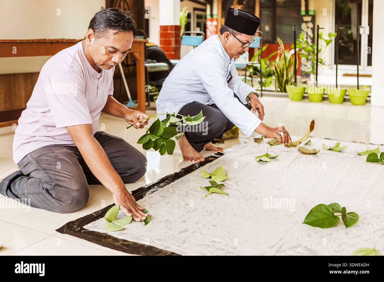 Deux artisans en Indonésie appliquent des feuilles sur le tissu, mettant en valeur le batik traditionnel combiné avec des techniques d'écoimpression. Reconnu par l'UNESCO comme intangible C Banque D'Images