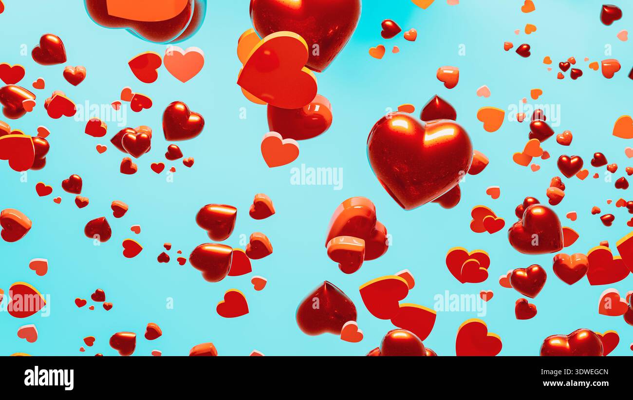 Des coeurs colorés remplissent l'air dans ce cadre abstrait, parfait pour l'amour et la joie de la Saint-Valentin. Banque D'Images