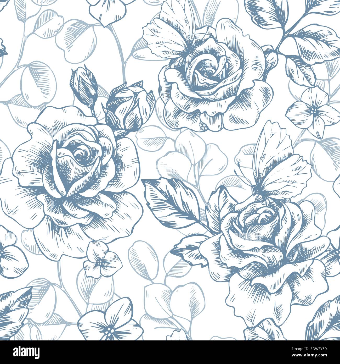 Belles roses avec des feuilles et des branches d'eucalyptus. Illustration graphique au trait à l'encre dessinée à la main. Motif floral sans couture dans des couleurs pastel pour Illustration de Vecteur