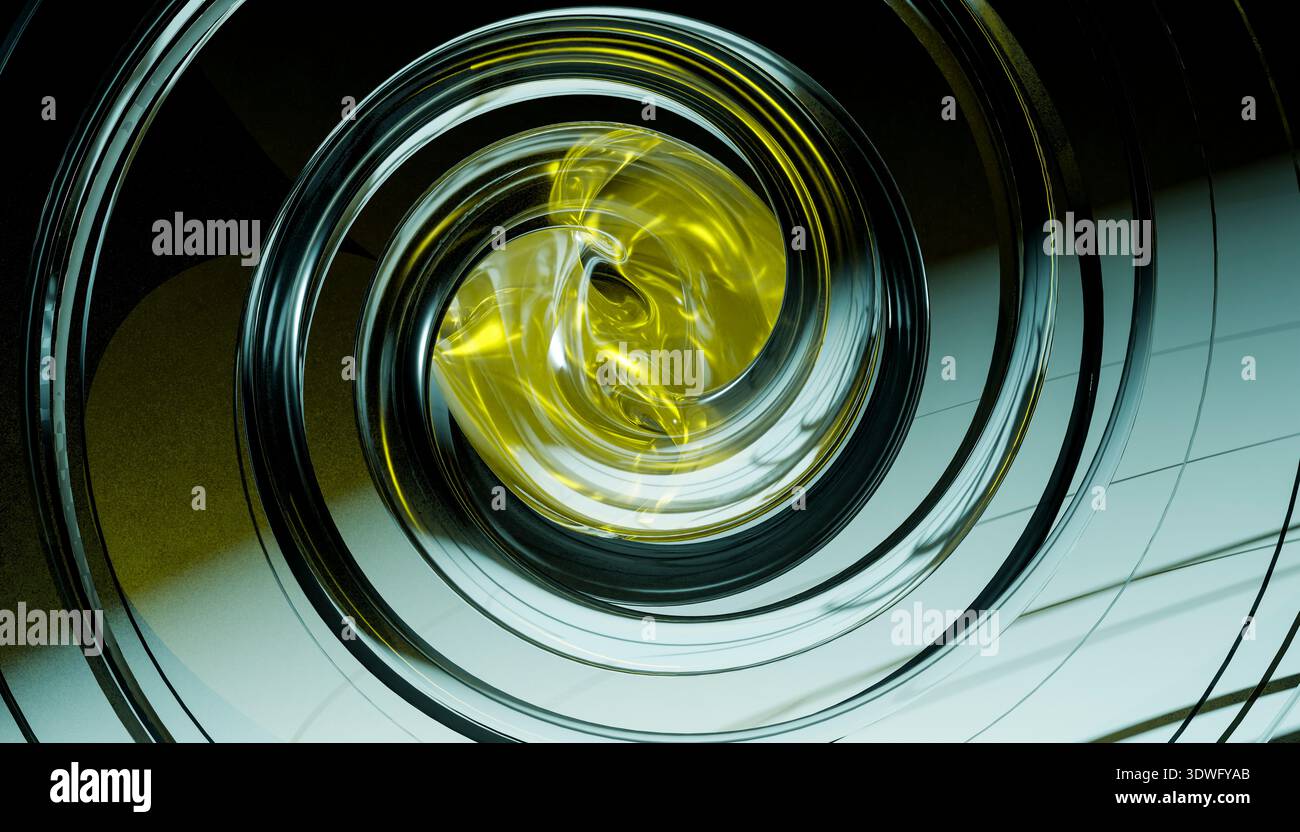 Un rendu 3D fascinant avec des formes abstraites tourbillonnantes aux accents jaunes dynamiques. L'image présente des motifs circulaires complexes et du texte brillant Banque D'Images