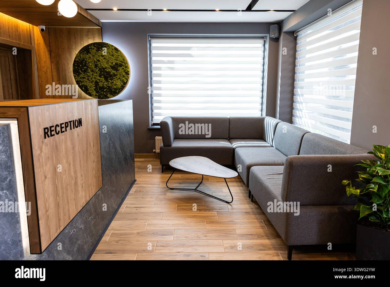 Salle d'attente moderne du hall de l'hôtel avec bureau de réception et sièges intérieurs confortables Banque D'Images