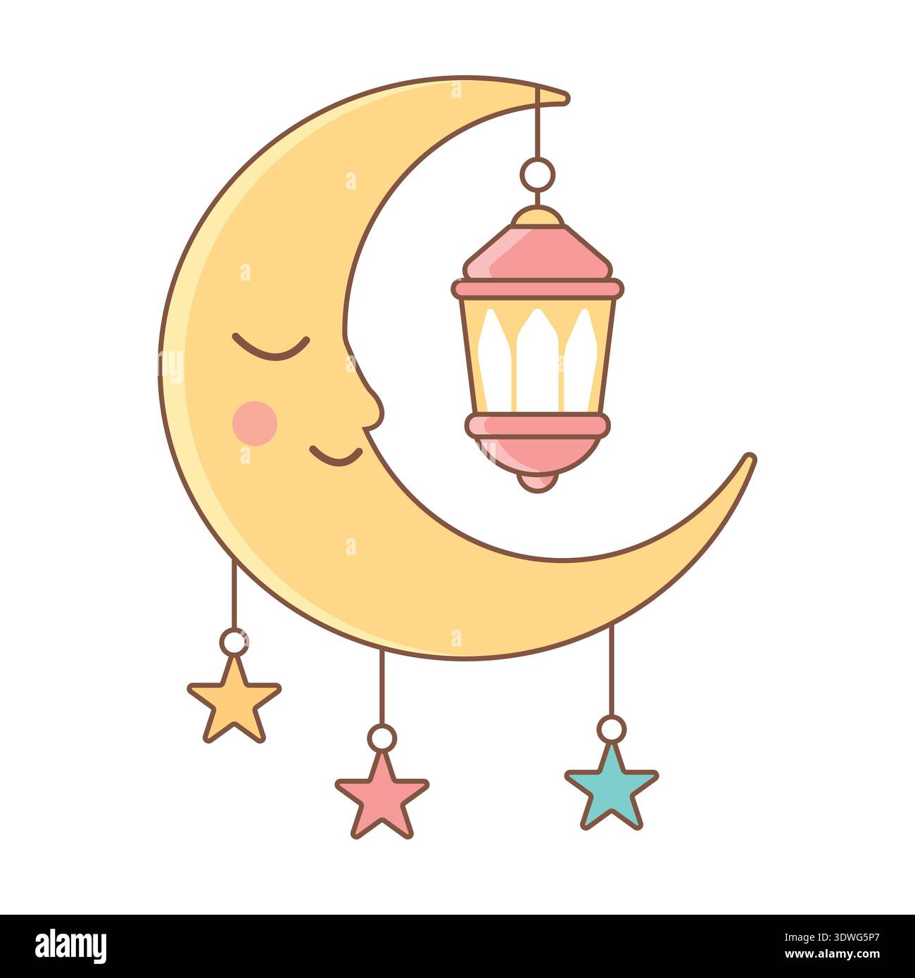 Mignon Sleeping Moon avec Ramadan Lantern et Stars Vector illustration plat Illustration de Vecteur
