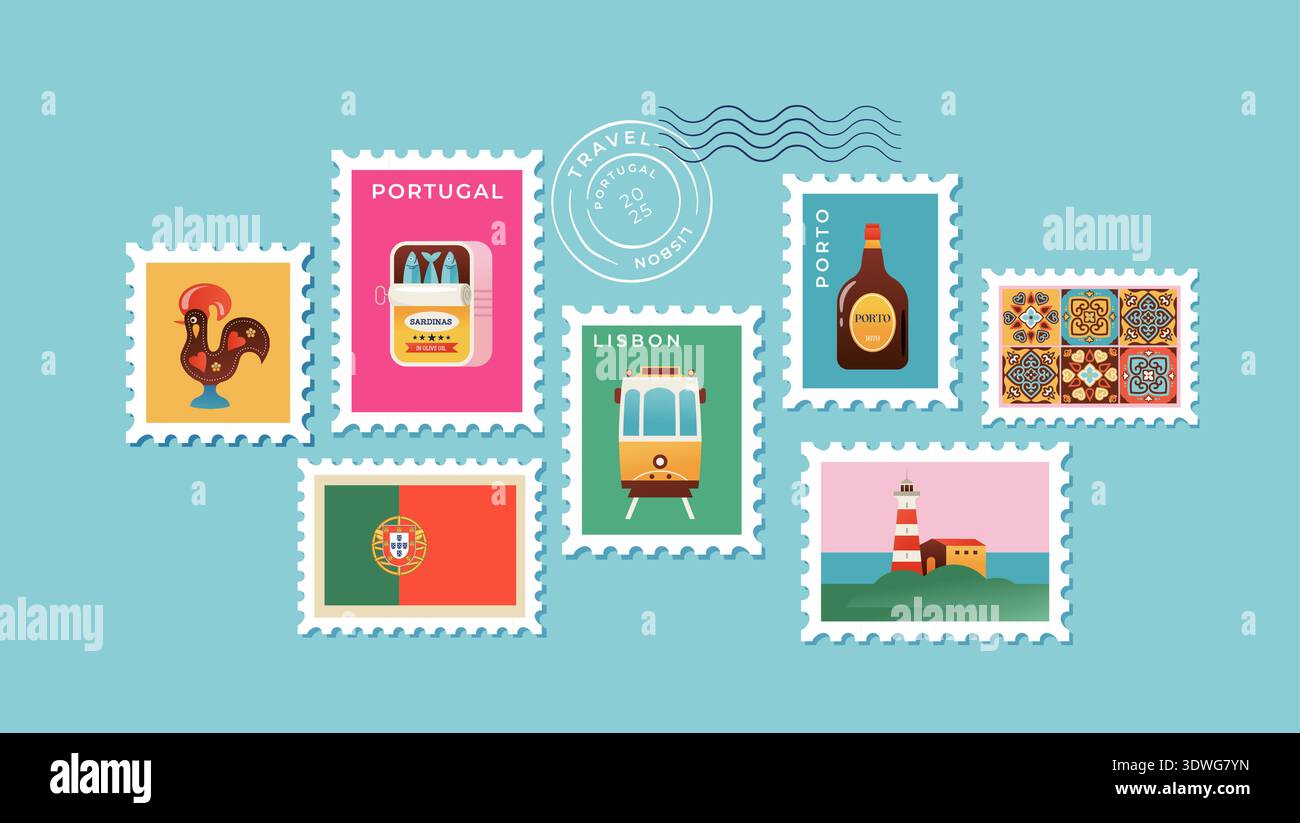 Collection de timbres-poste Portugal. Attractions célèbres, monuments et symboles touristiques collection d'icônes colorées. Illustration de Vecteur