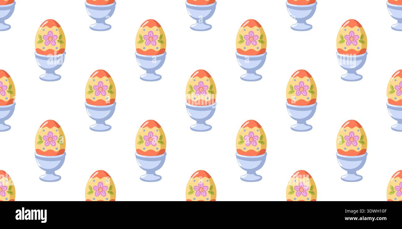 Modèle de printemps sans couture avec des œufs de Pâques décoratifs dans des tasses bleues sur fond blanc. Imprimé vectoriel de saison confortable. Illustration de Vecteur