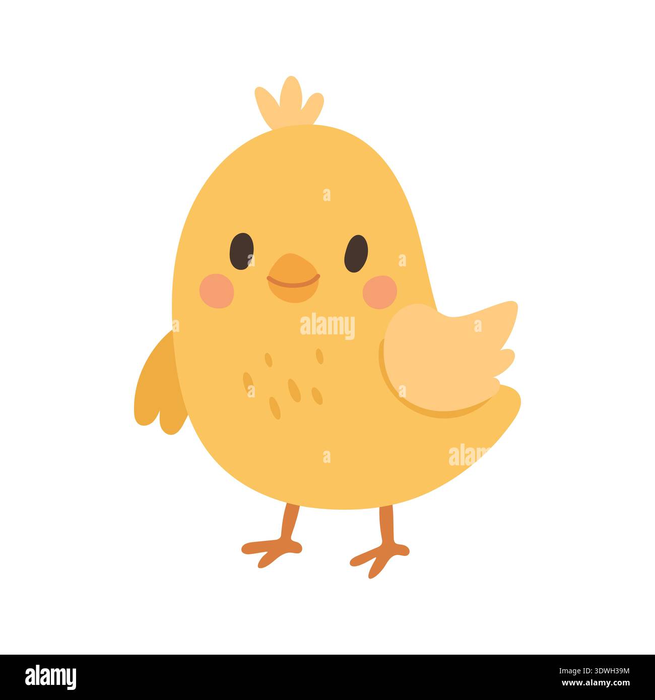 Adorable personnage de dessin animé de poussin jaune, parfait pour les impressions de pépinière sur le thème de la ferme, les visuels de marketing de Pâques, les affiches pour enfants et les packs d'autocollants mignons. Illustration de Vecteur