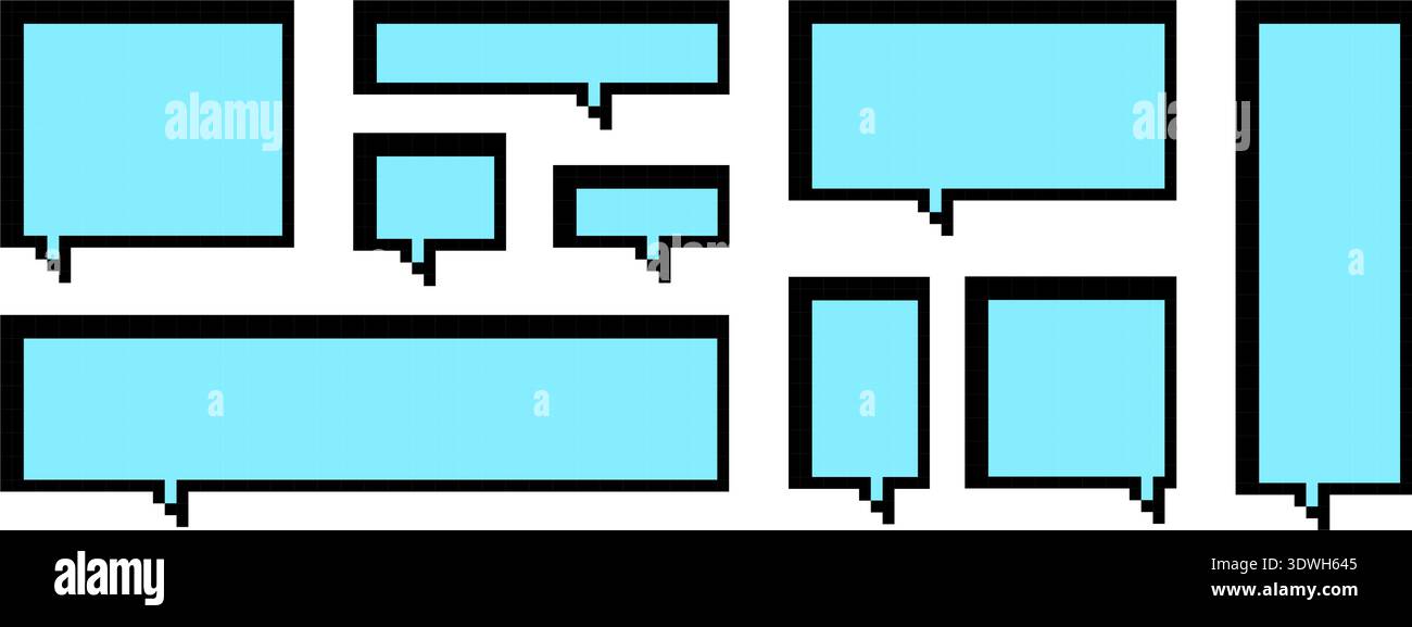 Zones de texte pixels bleu clair. Collection de cadres de chat pixelisés carrés et rectangulaires. pack de forme de bordure de 8 bits pour bulle de boîte de speach, nuage de messages, dialogue de communication, ballon de discussion. Ensemble d'éléments vectoriels Illustration de Vecteur