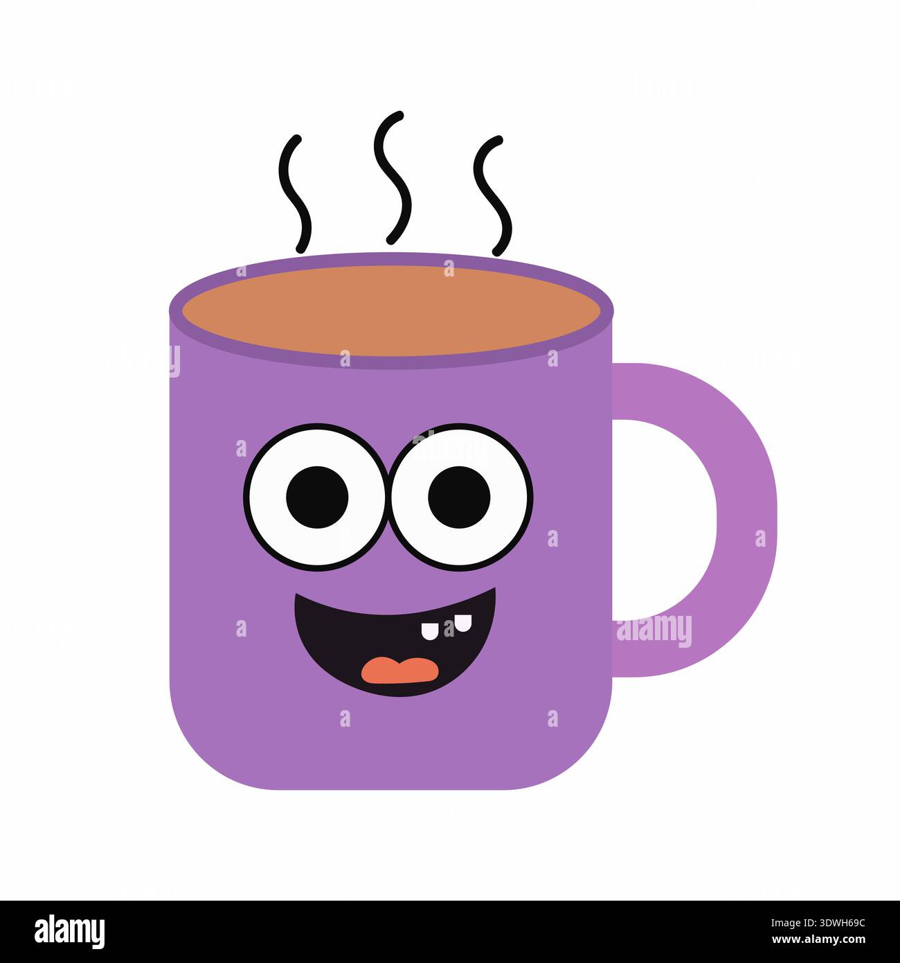Personnage de tasse à café violet avec visage souriant et boisson chaude à la vapeur Illustration de Vecteur