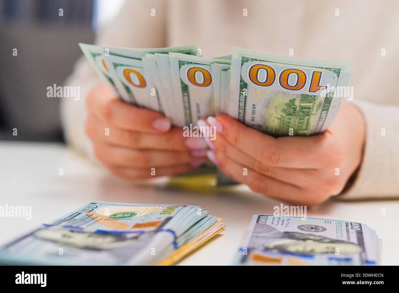 Comptage et tri des billets de banque en dollars. Finances personnelles, planification du revenu et thème comptable. Banque D'Images