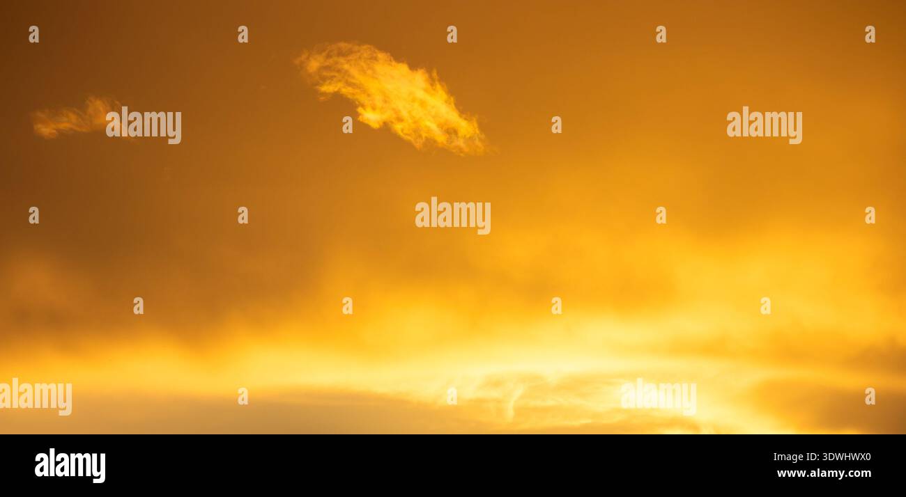 Une lumière dorée éclatante sature le ciel avec de petits nuages sinueux dérivant à travers une intense lueur ambre Banque D'Images