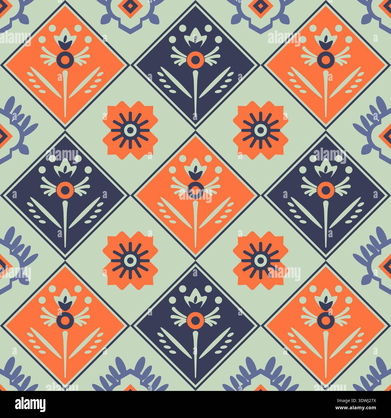 Motif géométrique sans couture inspiré de la broderie palestinienne avec des motifs floraux en orange, bleu et vert Illustration de Vecteur
