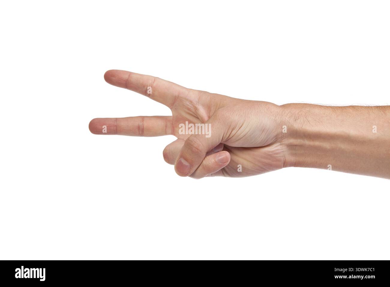 La main avec deux doigts jusqu'à la paix ou d'un symbole de victoire. Aussi le signe pour la lettre V en langue des signes. Isolated on white Banque D'Images