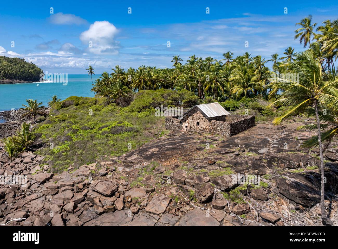 France, Guyane française, Kourou, Îles du Salut (Iles du Salut), Île du Diable, la cabane a servi de prison à Alfred Dreyfus du 13 avril 1895 au 9 juin 1899 (vue aérienne) Banque D'Images