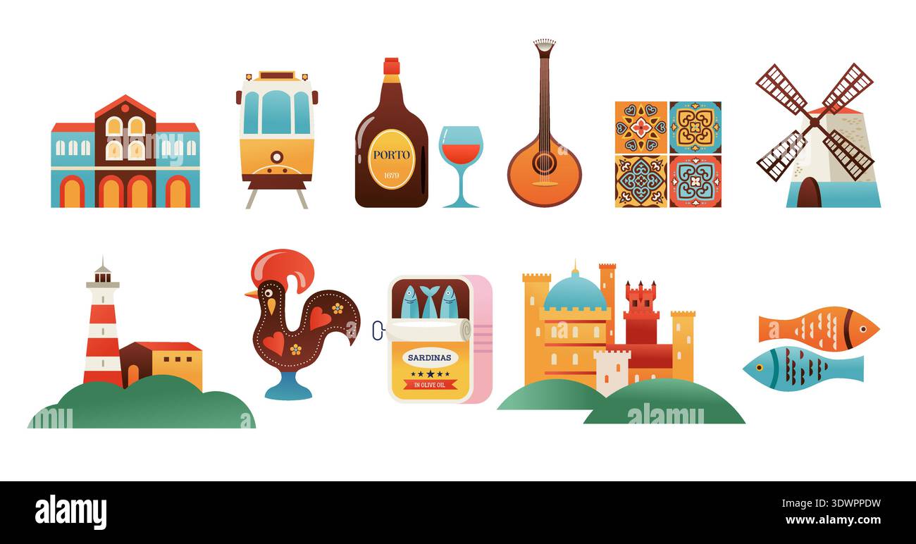 Portugal attractions, monuments et symboles collection d'icônes colorées. Illustration de Vecteur
