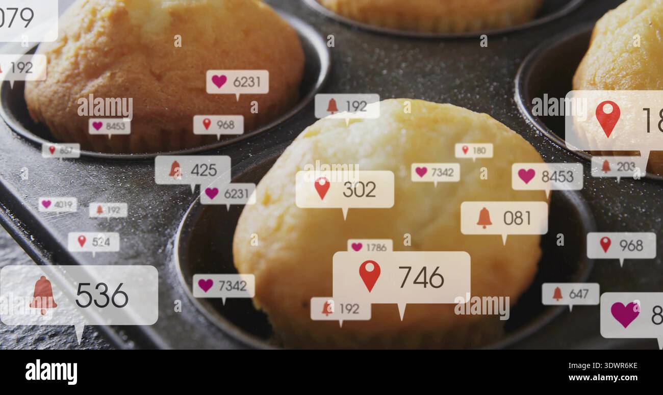 Montrant un muffin unique en forme de dôme assis dans une boîte à muffins en métal dans la cuisine, avec des badges d'alerte flottants Banque D'Images