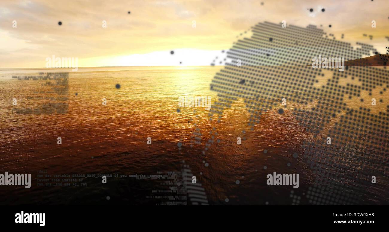 Reflétant la surface ensoleillée de l'océan scintillant en mer, avec globe demi-ton à droite et code translucide Banque D'Images