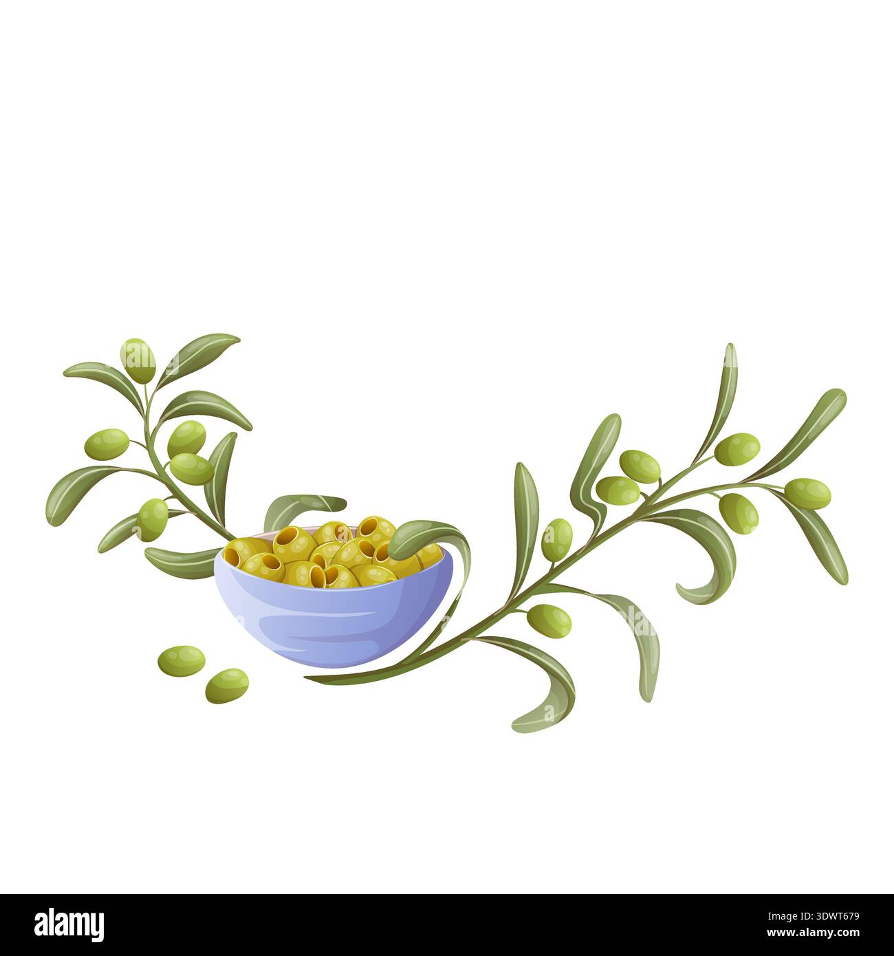 Olives marinées dans un bol et branches d'olivier Illustration de Vecteur