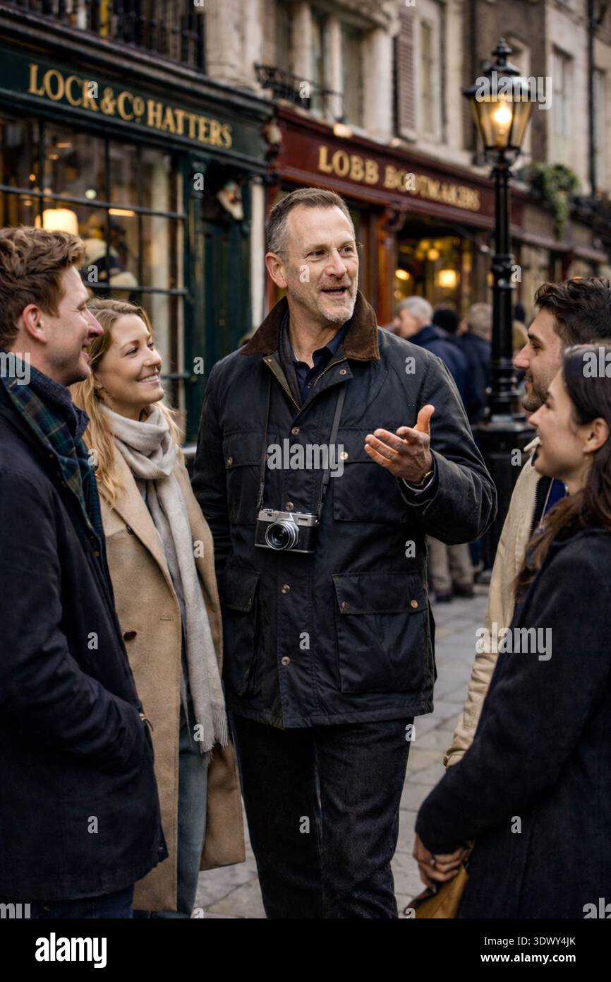 Guide touristique de luxe conduisant un petit groupe exclusif lors d'une visite historique à pied des boutiques et des sites du patrimoine à St James, Londres, Angleterre, Highligh Banque D'Images