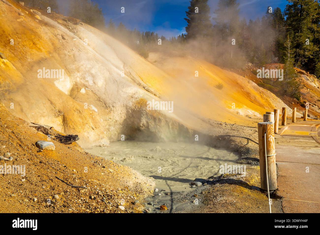 La vapeur s'élève du sol géothermique bouillant de Sulphur Works dans le parc national volcanique de Lassen en Californie Banque D'Images