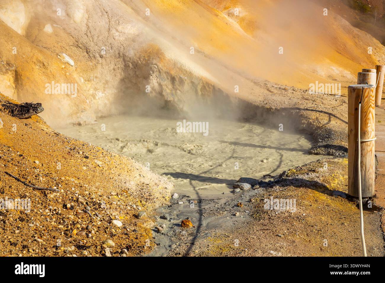 La vapeur s'élève du sol géothermique bouillant de Sulphur Works dans le parc national volcanique de Lassen en Californie Banque D'Images