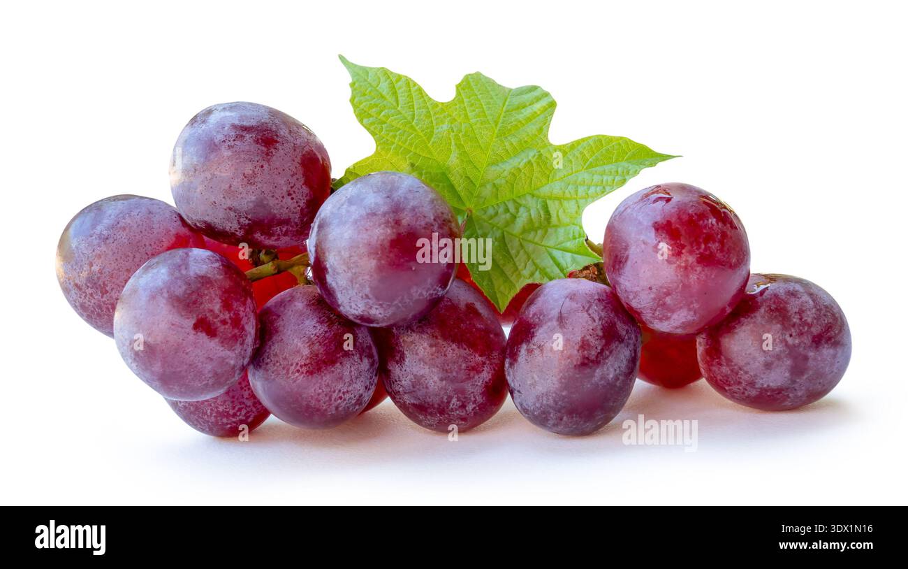 Un bouquet de raisins rouges mûrs doux avec des feuilles vertes en pile est isolé sur fond blanc avec chemin de découpage. Banque D'Images
