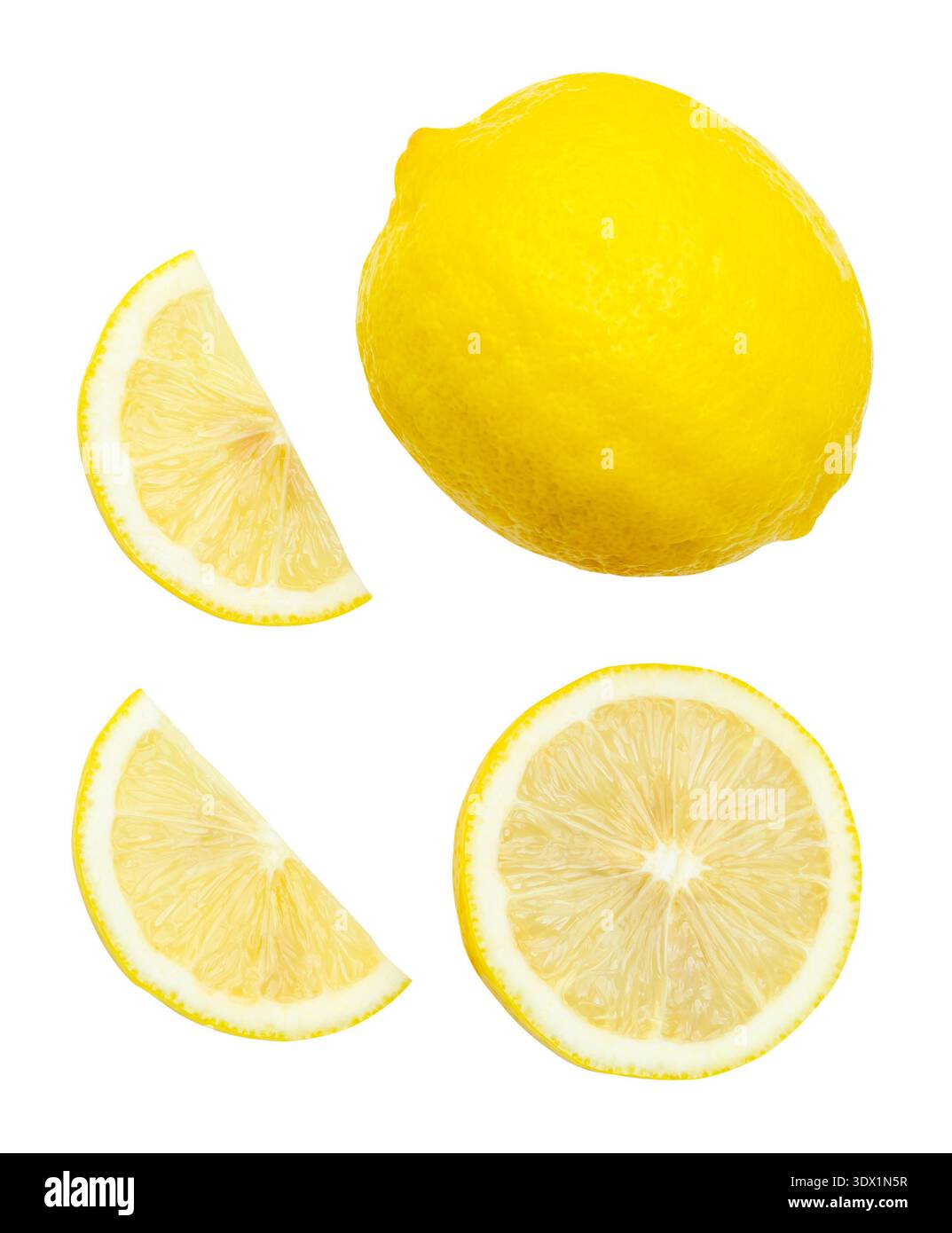 Vue de dessus ensemble de fruits de citron jaune mûr avec la moitié ou la tranche en forme de cercle et de quart est isolé sur fond blanc avec chemin de découpage. Banque D'Images