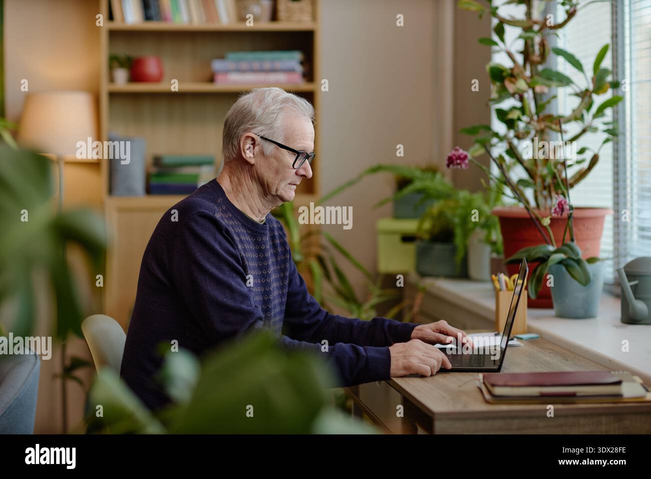 Homme caucasien senior utilisant un ordinateur portable tout en travaillant sur la recherche psychologique Banque D'Images