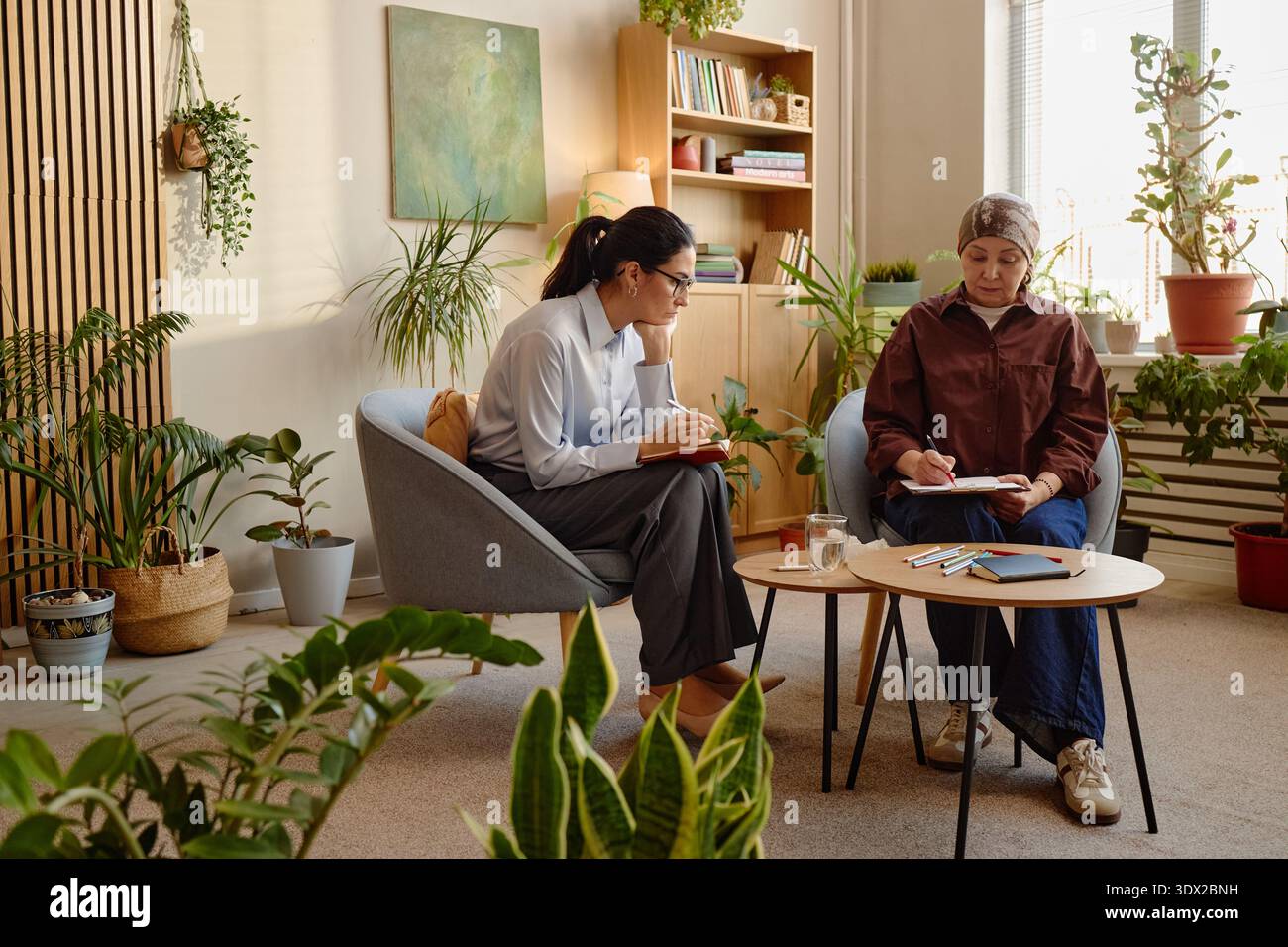 Femme caucasienne d'âge moyen counseling femme d'âge moyen pendant la séance de thérapie Banque D'Images