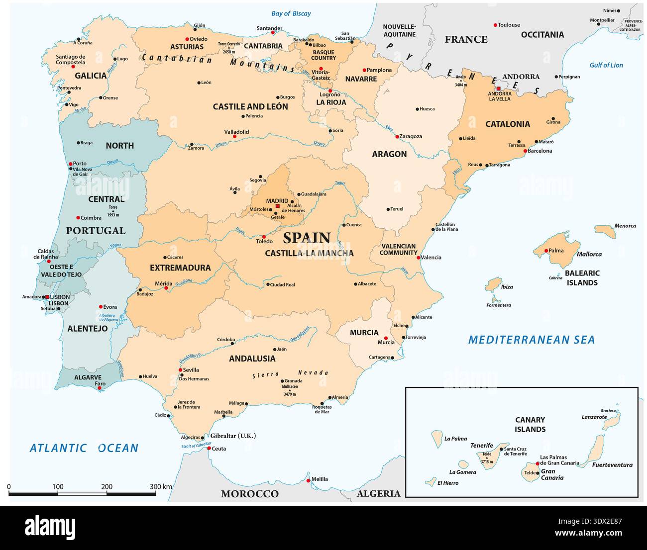 Carte administrative de l'Espagne et du Portugal Banque D'Images