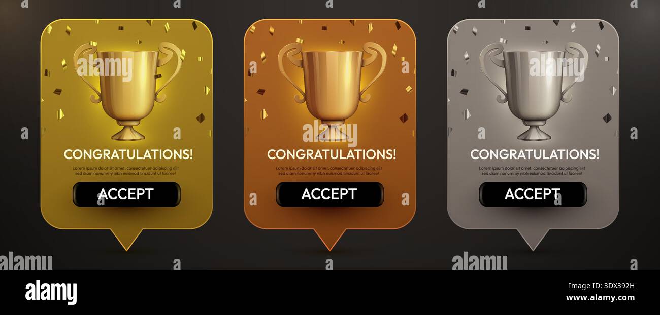 Trois badges de trophée 3D réalistes avec un message de félicitations pour le succès et la réussite. Illustration vectorielle. Illustration de Vecteur