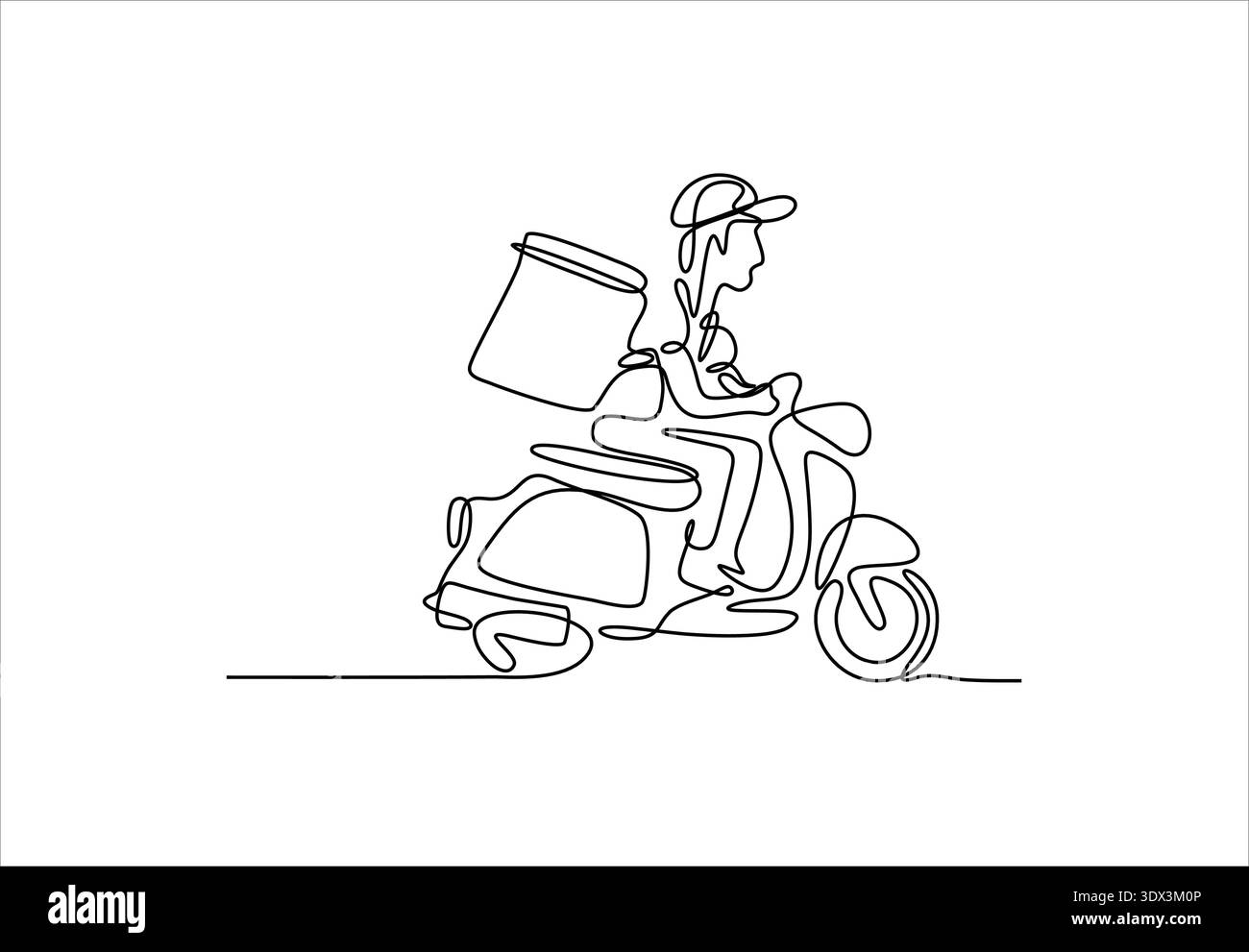 Dessin d'art de ligne continue simple d'un courrier chevauchant un scooter avec une boîte de livraison. Illustration de Vecteur