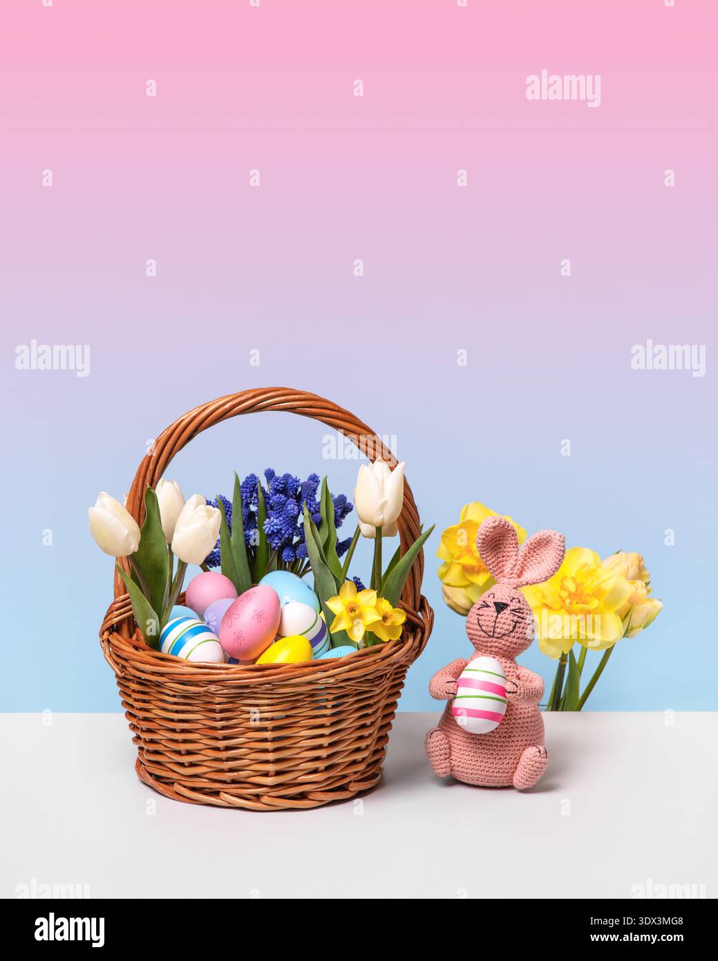 Oeufs de Pâques multicolores dans un panier avec des fleurs de printemps : muscari bleu, jonquilles jaunes et tulipes blanches et lapin tricoté de Pâques rose avec oeuf blanc rose sur table grise. Concept de Pâques Banque D'Images