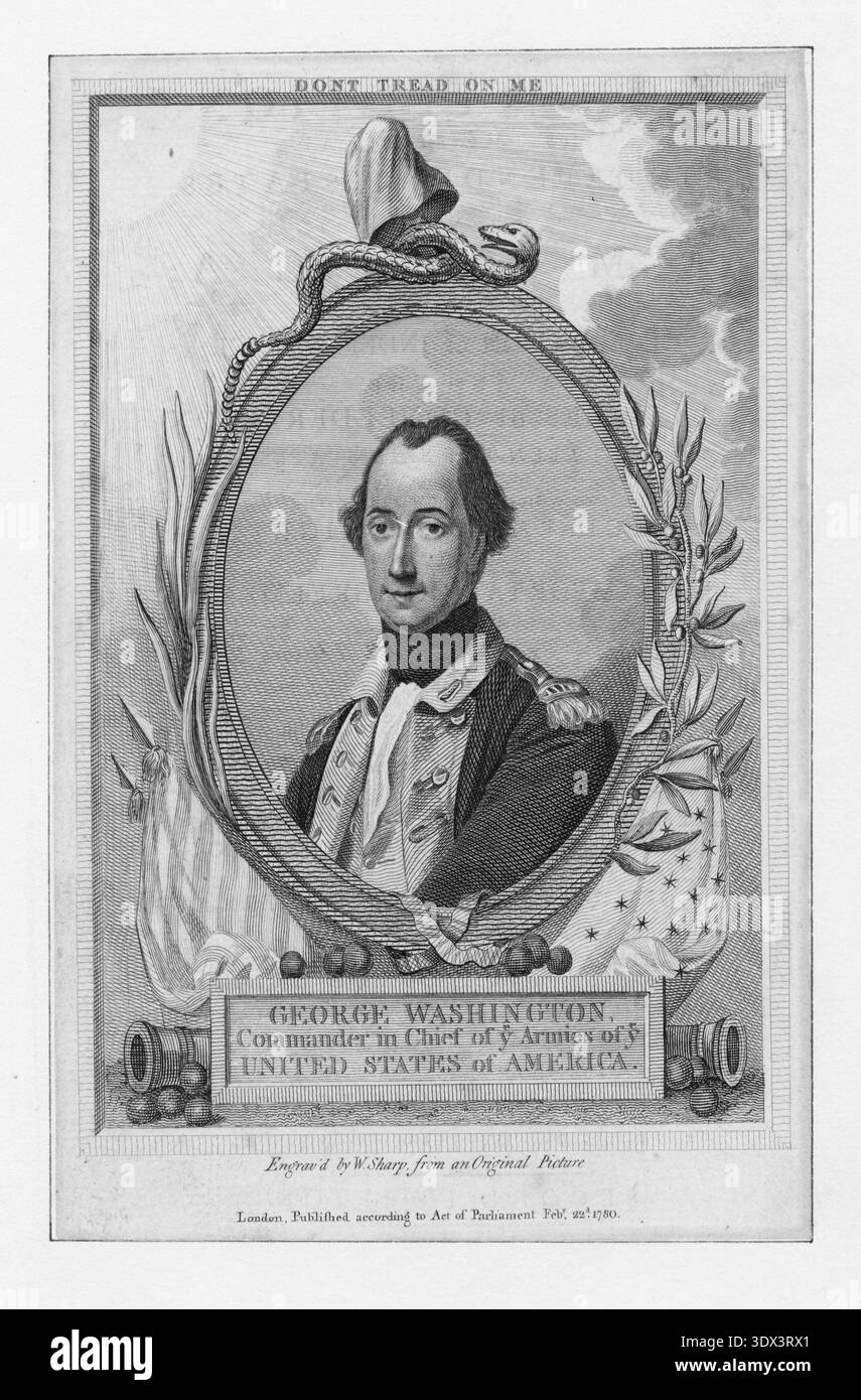 Cette gravure historique représente George Washington en tenue militaire, entouré de symboles de la Révolution américaine, y compris un serpent enroulé et des canons, représentant la force et la défiance Banque D'Images