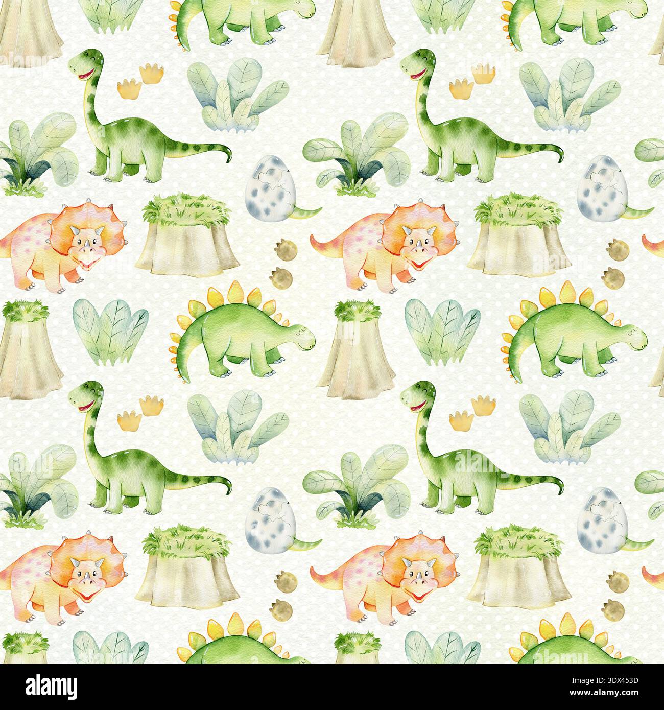 Motif aquarelle sans coutures avec de jolis dinosaures. Banque D'Images