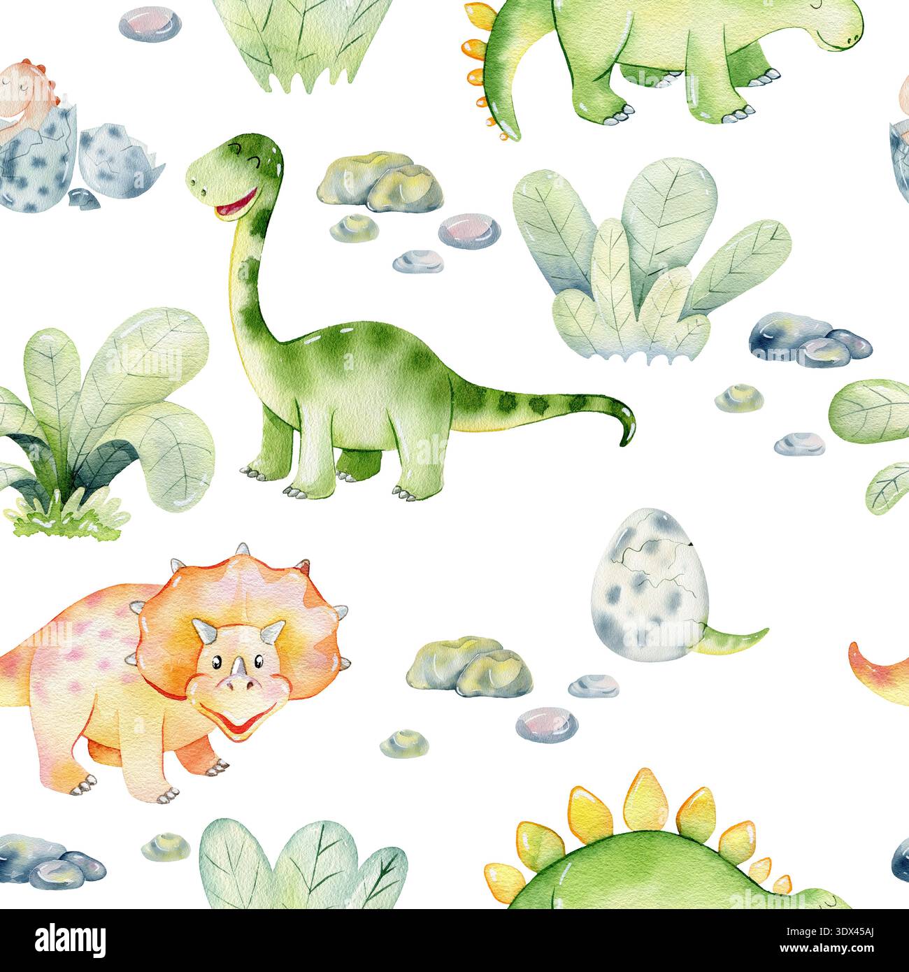 Motif aquarelle sans coutures avec de jolis dinosaures. Banque D'Images