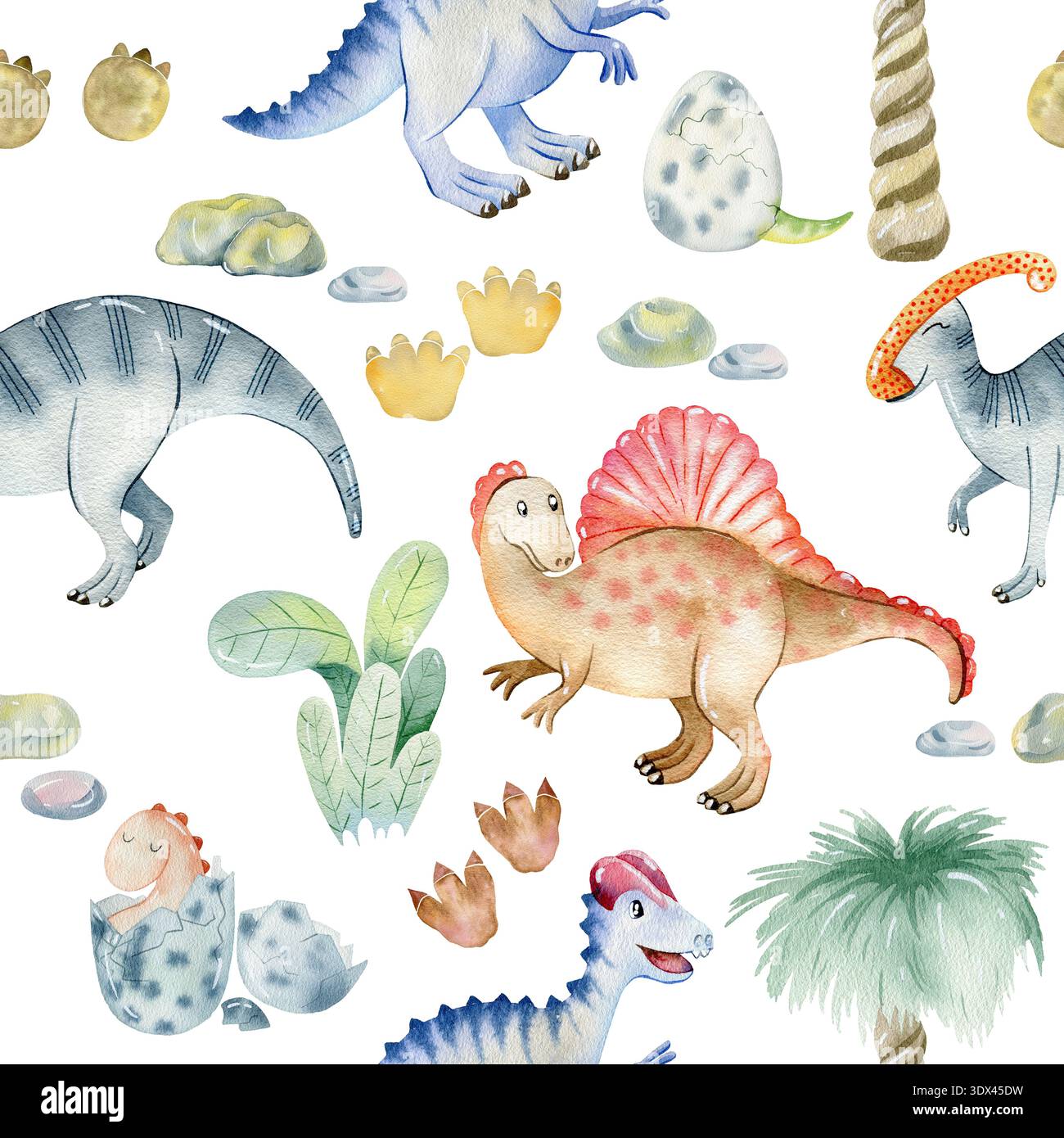 Motif aquarelle sans coutures avec de jolis dinosaures. Banque D'Images