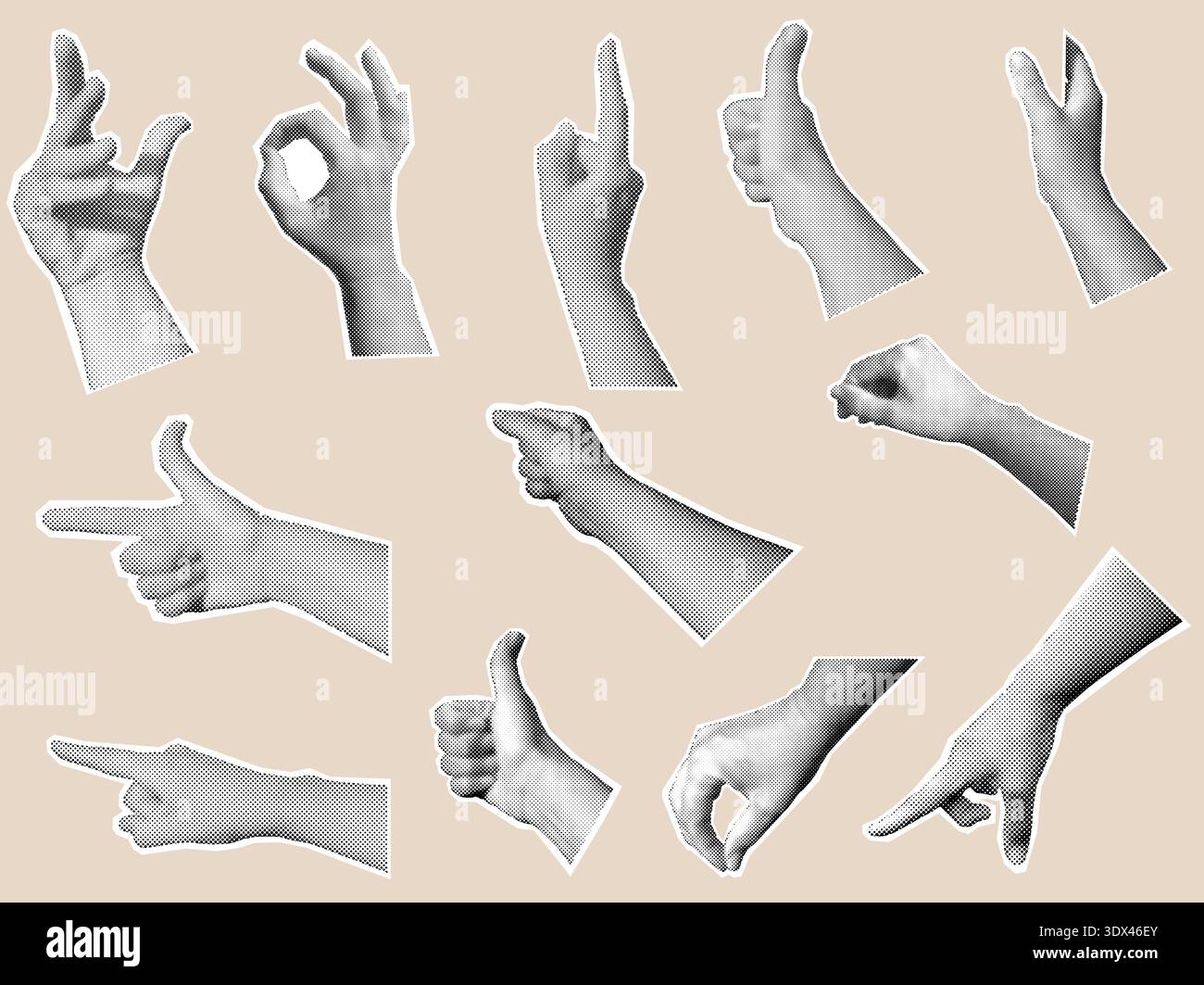 Collection de gestes de main demi-teinte, mains découpées rétro noir et blanc Illustration de Vecteur