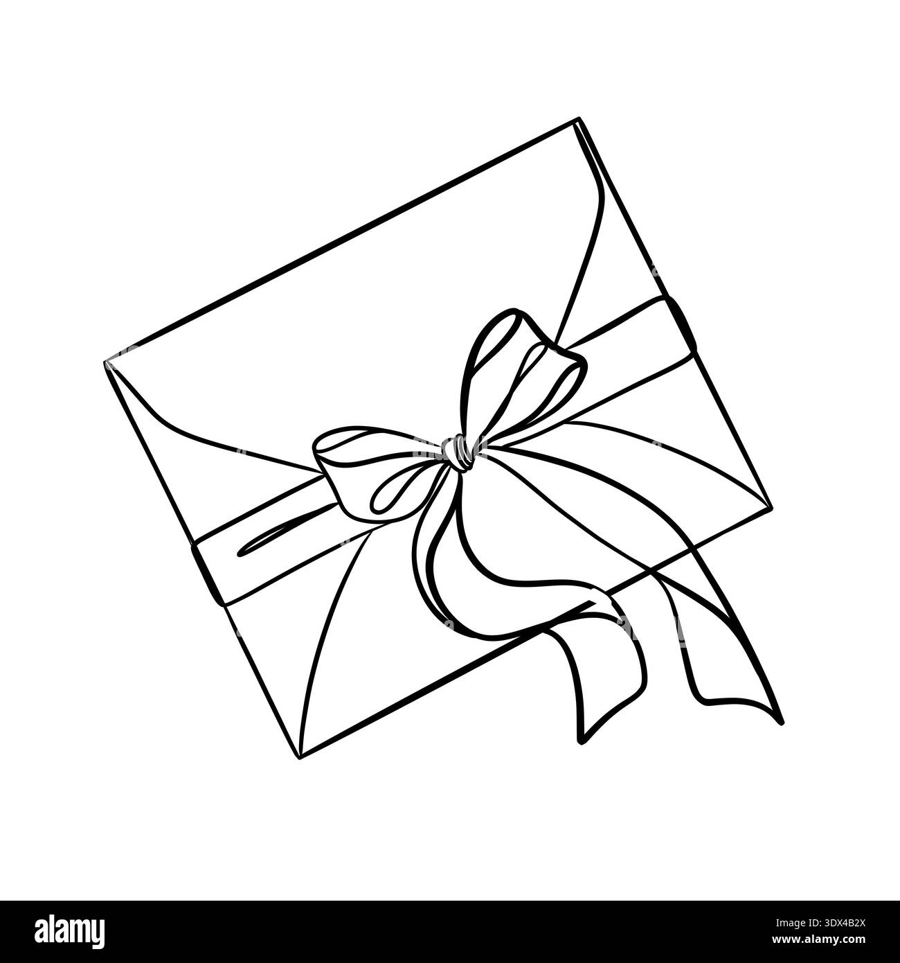 Contour d'enveloppe minimaliste noir et blanc avec un noeud en ruban. Dessin au trait dessiné à la main pour les invitations de mariage, les lettres et la marque élégante de papeterie. Banque D'Images