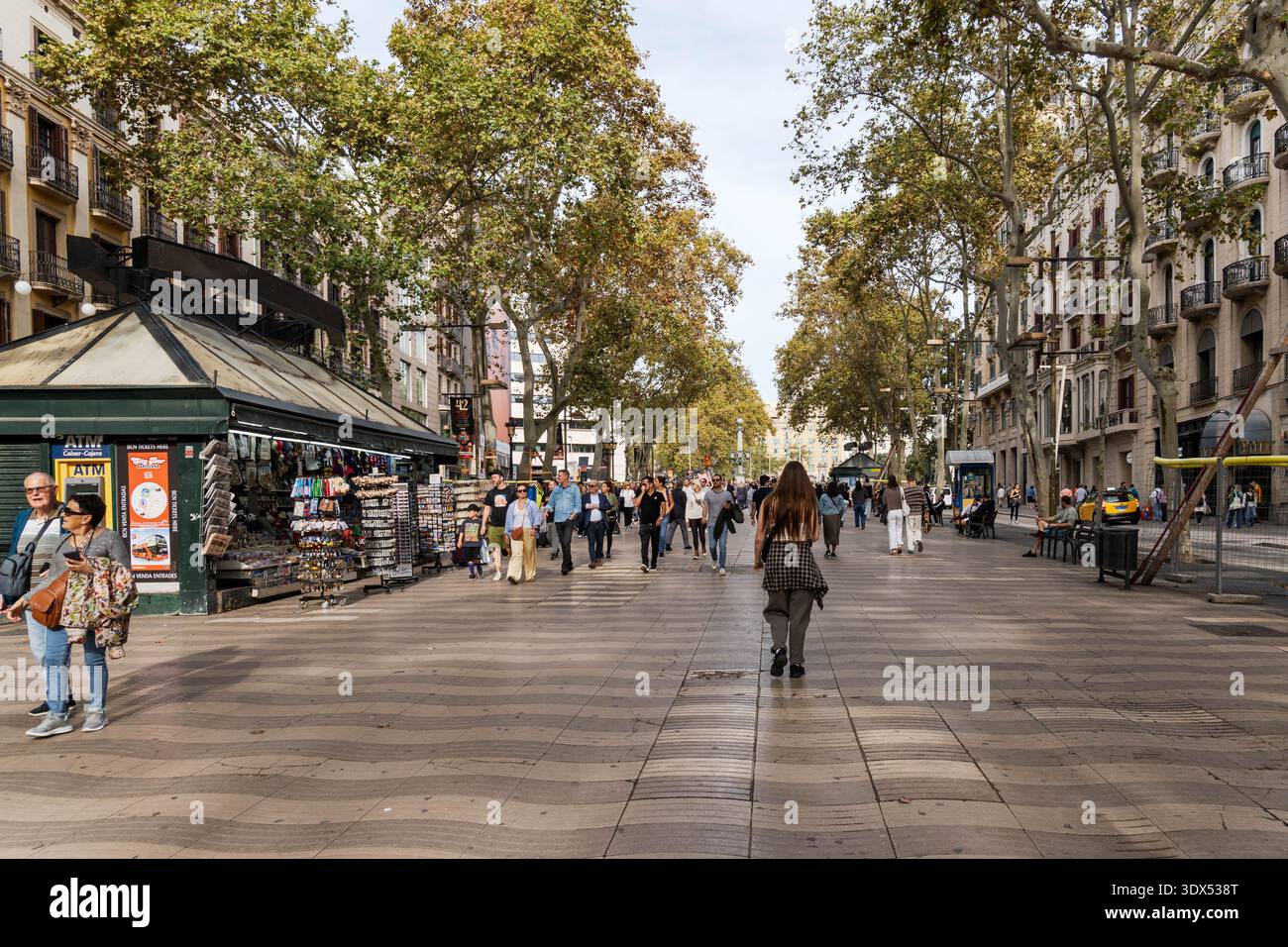 Barcelone, Espagne - 6 septembre 2025. Touristes et habitants marchent le long de l'emblématique rue piétonne Las Ramblas bordée d'arbres à Barcelone. Banque D'Images