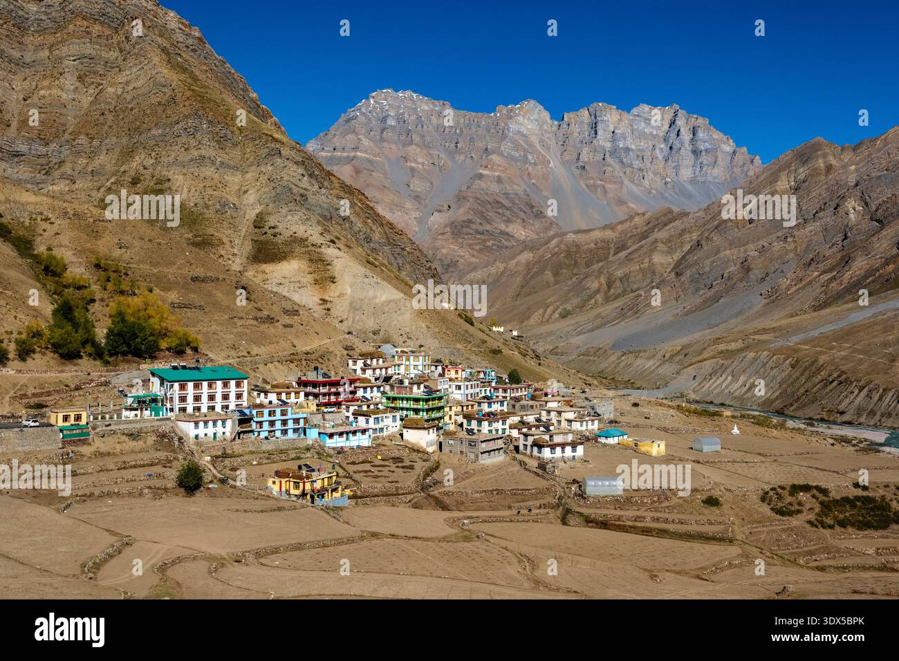 Le village de Mud est niché dans la vallée de PIN, avec les sommets déchiquetés des montagnes de la vallée de Spiti s'élevant majestueusement au loin. Banque D'Images