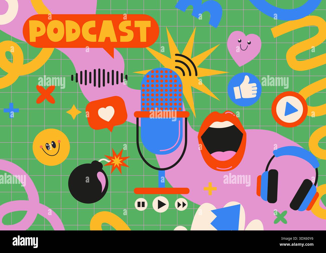 Bannière enfantine lumineuse podcast. Diffusion, diffusion de nouvelles en continu. Modèle pour spectacles, performances en direct. Concept d'audio en ligne, radio en ligne, services de streaming, talk-show. Illustration vectorielle Illustration de Vecteur