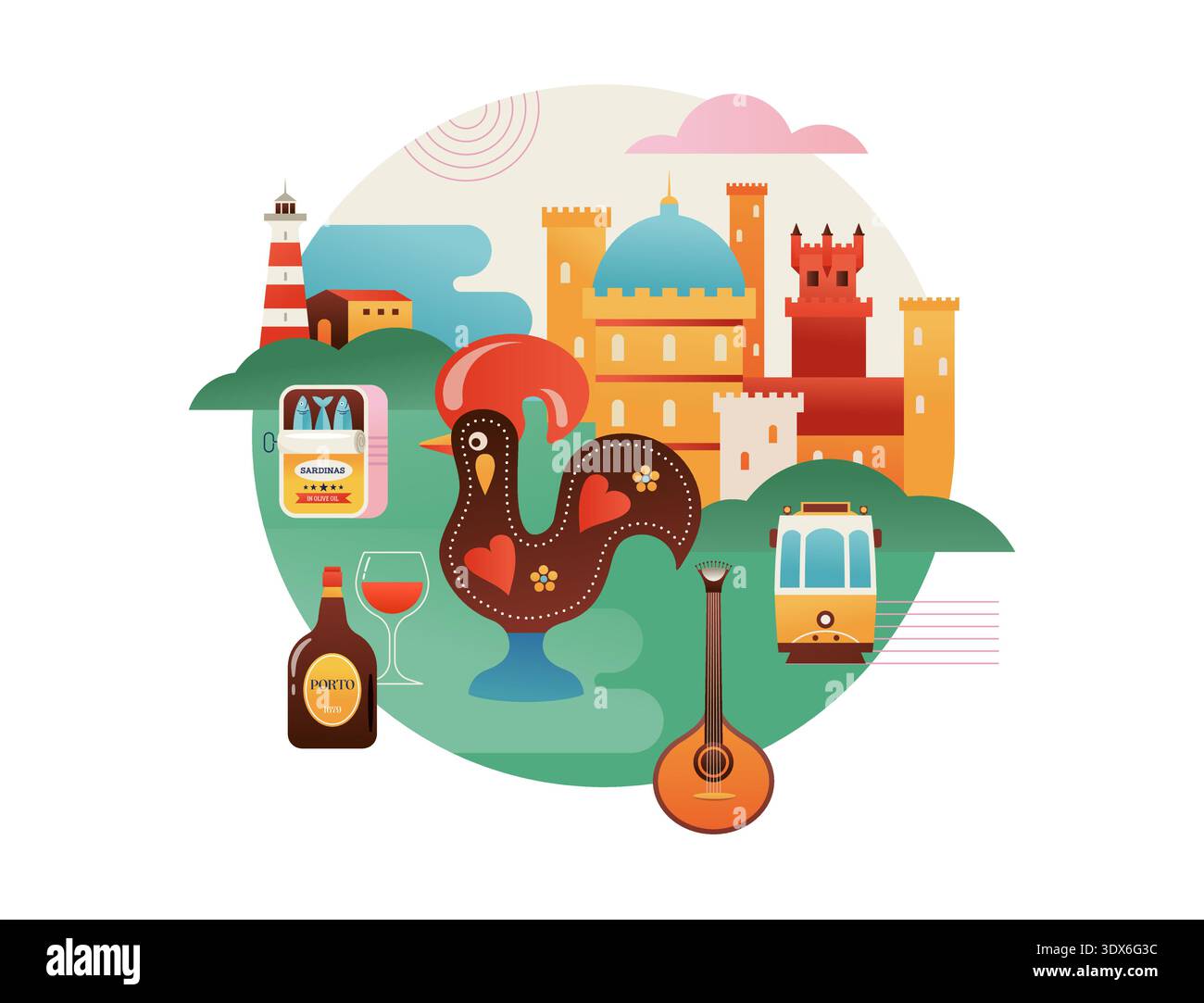 Portugal attractions touristiques, monuments et symboles bannière colorée, affiche et fond de carte postale. Illustration de Vecteur