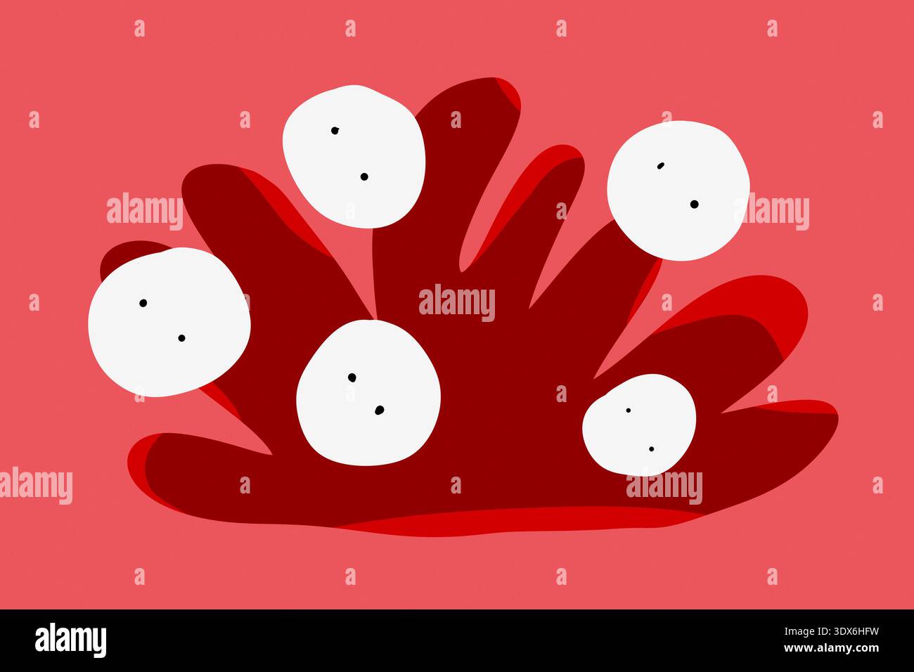 Design d'art moderne abstrait avec des formes rouges audacieuses et des éléments circulaires blancs sur un fond rose doux. La composition dynamique évoque un sens de Banque D'Images