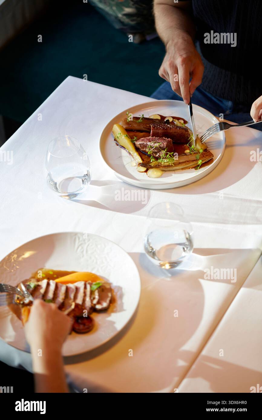 Deux personnes apprécient un repas gastronomique sophistiqué dans un restaurant, mettant en vedette des plats savamment préparés et des tables élégantes qui transmettent un style moderne Banque D'Images