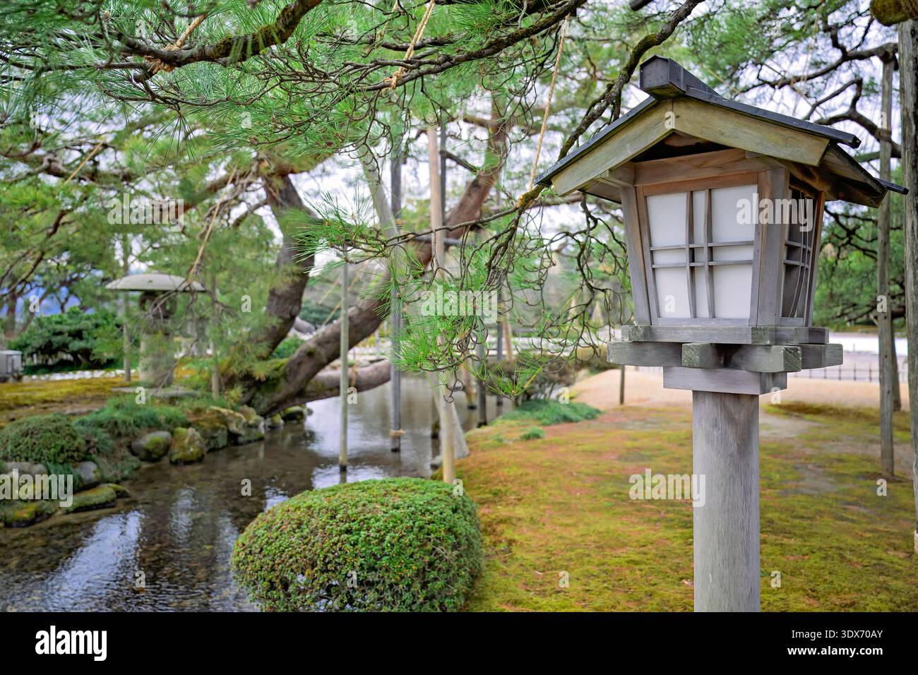 Jardin national Kenrokuen, Kanazawa Japon, janvier 2026, lanterne traditionnelle au premier plan Banque D'Images