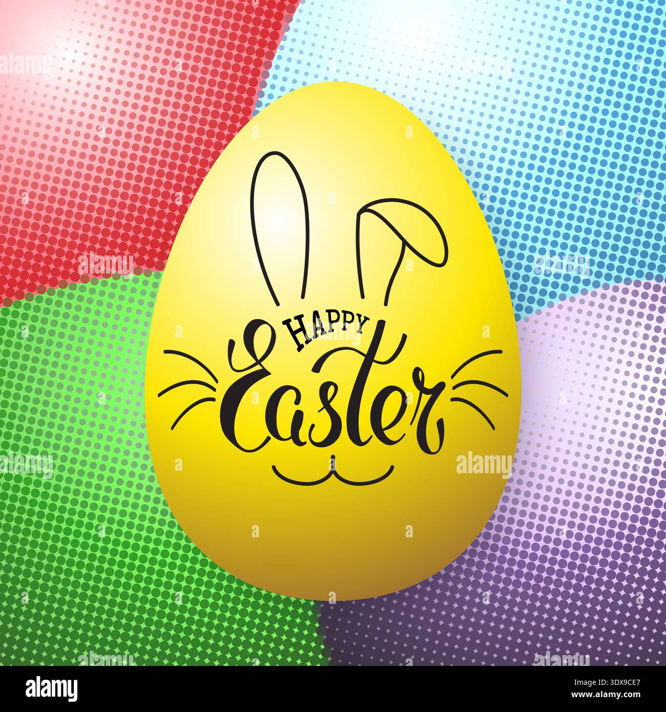 Joyeuses Pâques lapin lettrage d'affiche. Oreilles de lapin de Pâques. Logo de typographie manuscrite de visage de lapin mignon. Fond de demi-teinte, oeufs multicolores. Décor Illustration de Vecteur