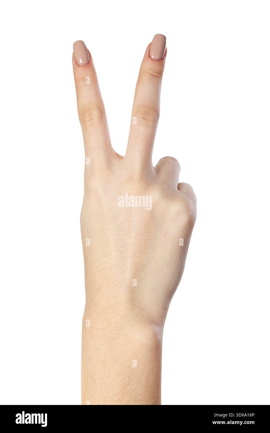 La main avec deux doigts jusqu'à la paix ou d'un symbole de victoire. Aussi le signe pour la lettre V en langue des signes. Isolated on white Banque D'Images