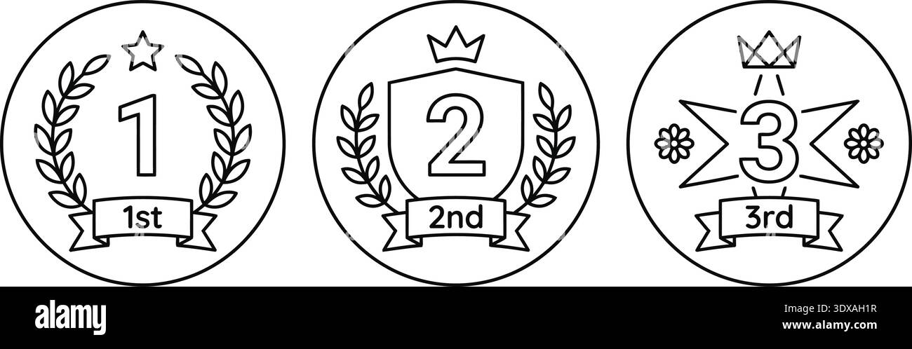Icônes de ligne minimalistes représentant la première, la deuxième et la troisième place. Chaque badge présente des détails uniques tels que des couronnes de laurier, des couronnes et des étoiles Illustration de Vecteur
